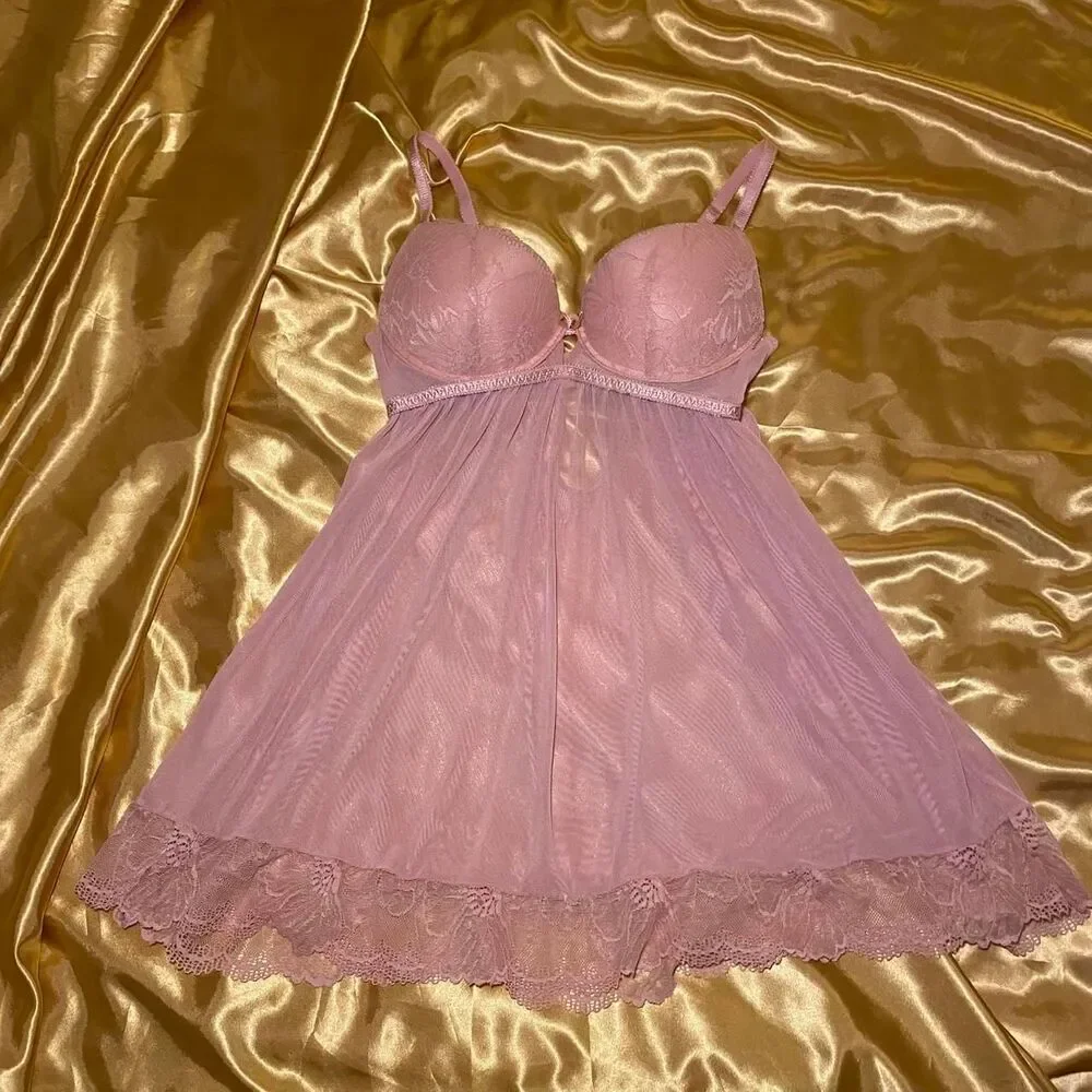 Daisy Fuentes Pink Sheer Lace Babydoll Slip Dress with Underwire Cups